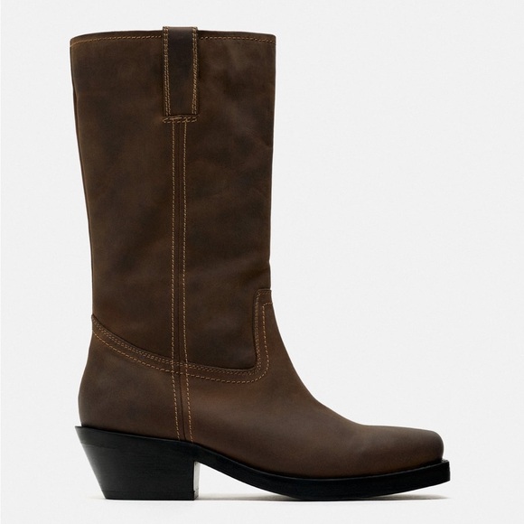 NWT Zara Leather biker boots distressed brown boho western grunge festival oiled - Picture 6 of 16
